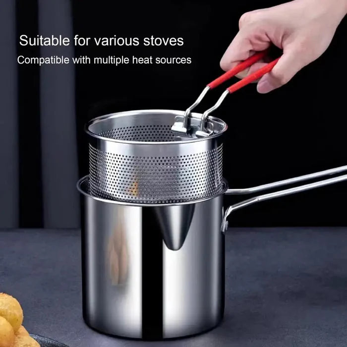 Stainless Steel Deep Fryer Pot 1200ML Deep Frying Pan with Strainer for Kitchen