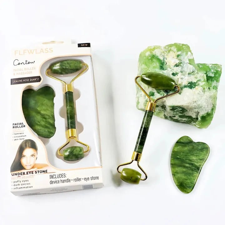 Jade Roller Facial Massager with Gua Sha Tool | Natural Skincare Massage Set