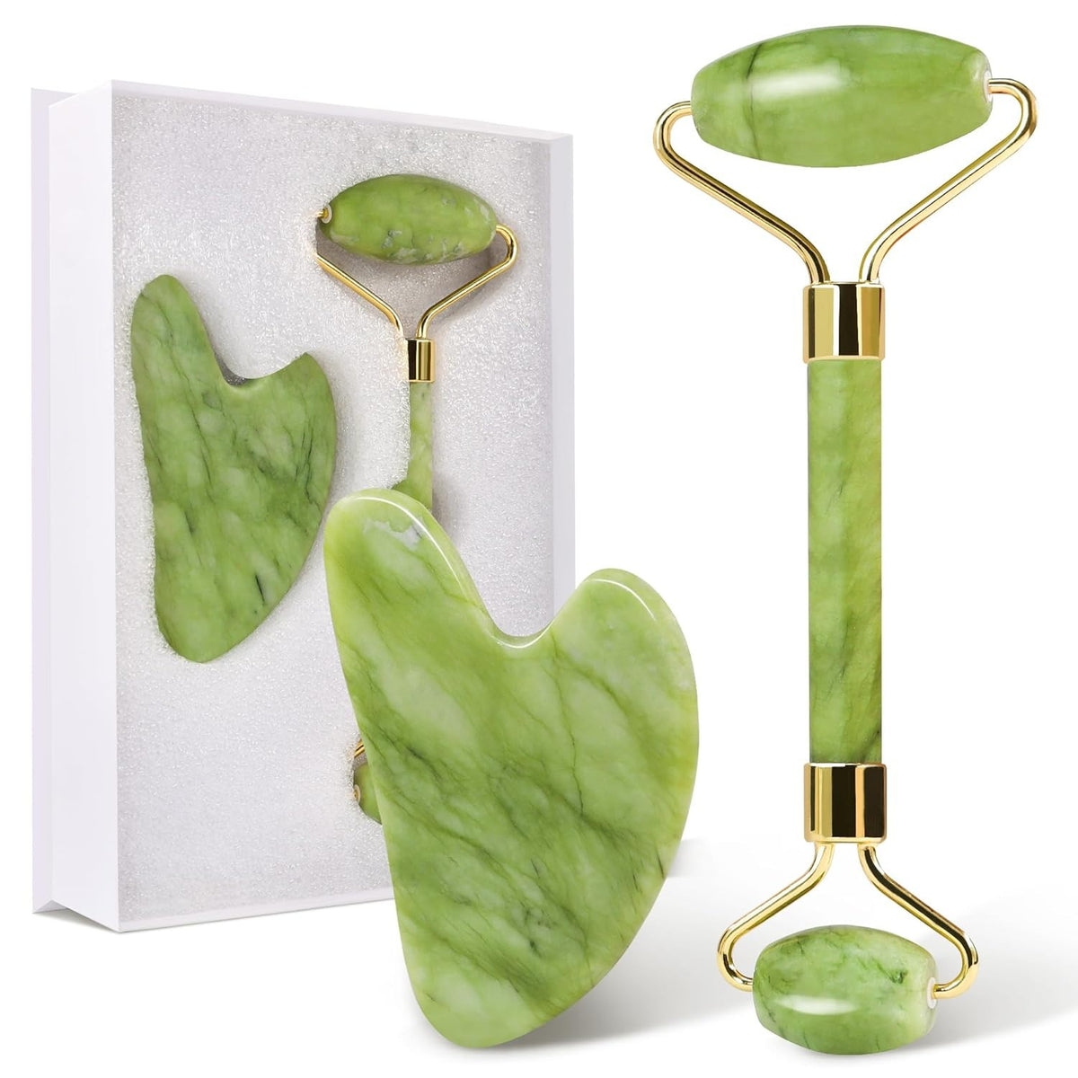 Jade Roller Facial Massager with Gua Sha Tool | Natural Skincare Massage Set