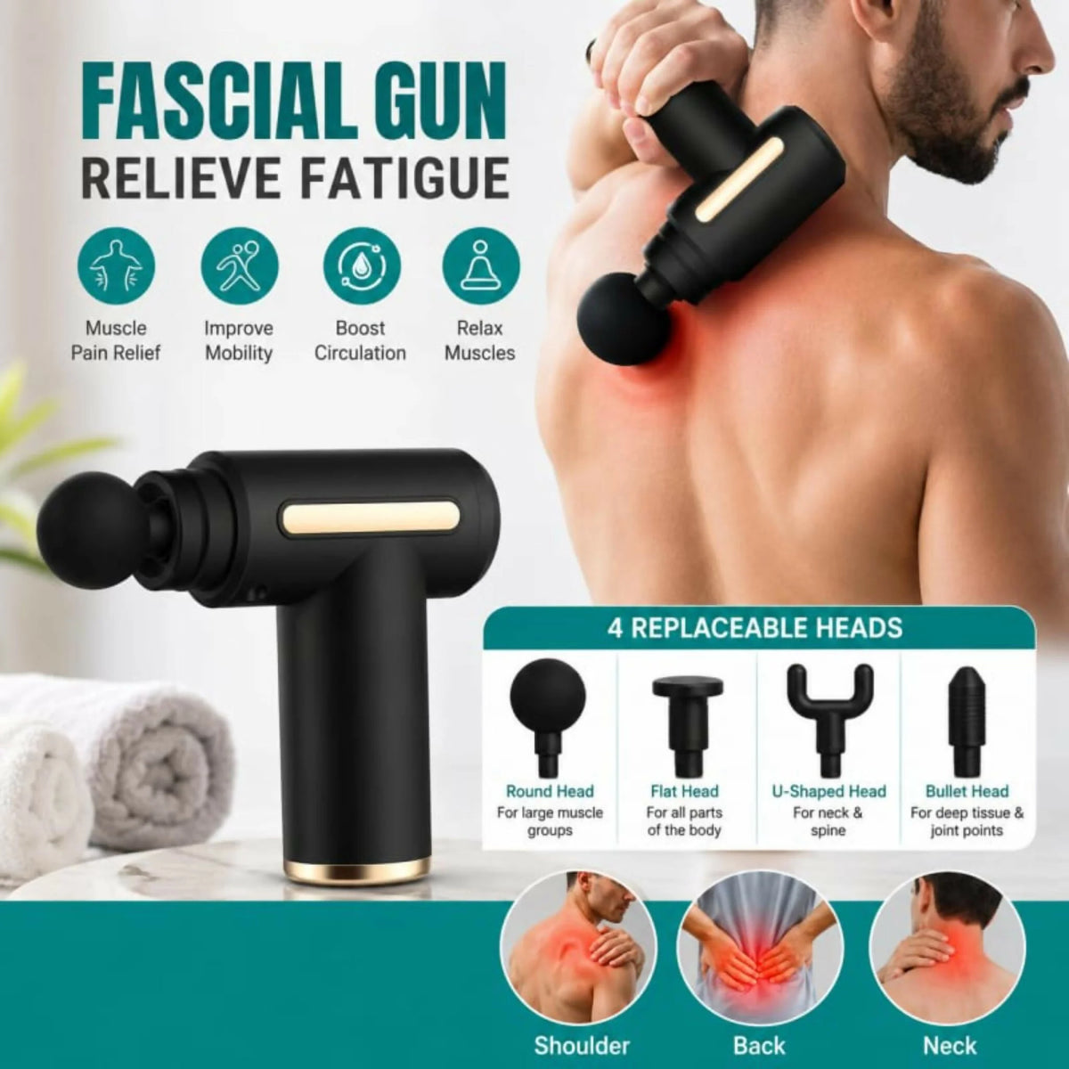 4-in-1 Gun Massager With 5 Speed Modes | Rechargeable Massage Gun Machine For Foot and Neck Massage | Gun Massager Machine